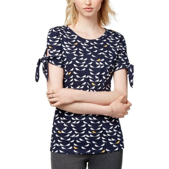 Maison Jules Tops - Maison Jules Bird Print Short Tie-Sleeve Top PLUS XXL EUC Navy Blue/White/Yellow